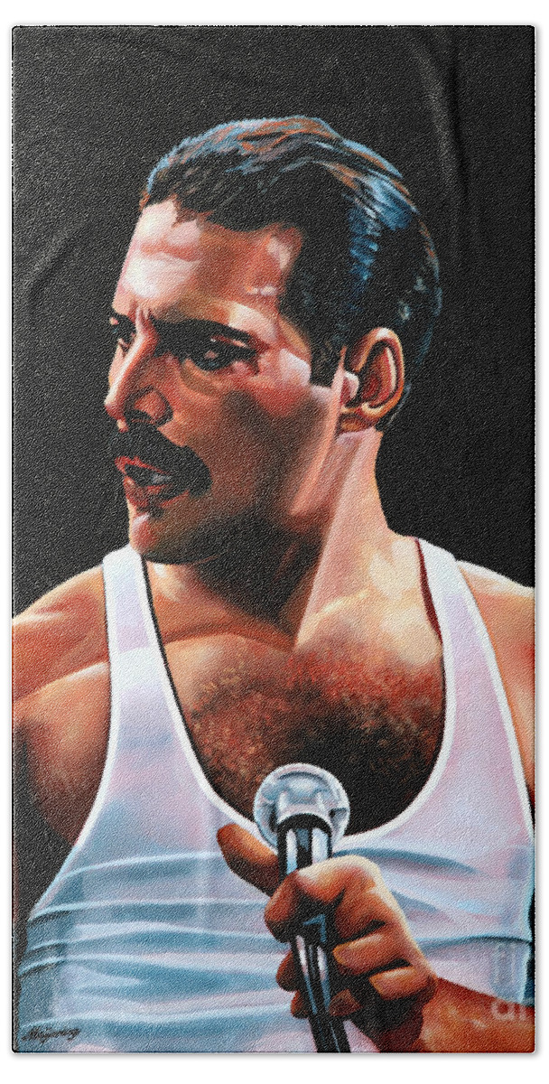 Freddie Mercury Bath Sheet featuring the painting Freddie Mercury by Paul Meijering