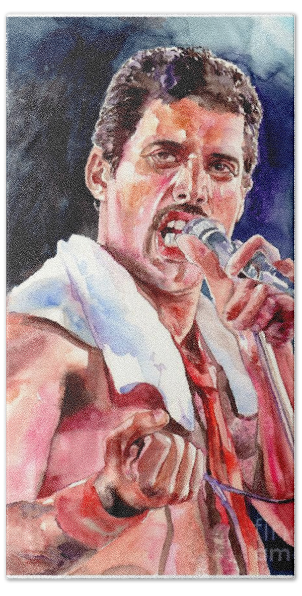 Freddie Hand Towel featuring the painting Freddie Mercury Singing by Suzann Sines