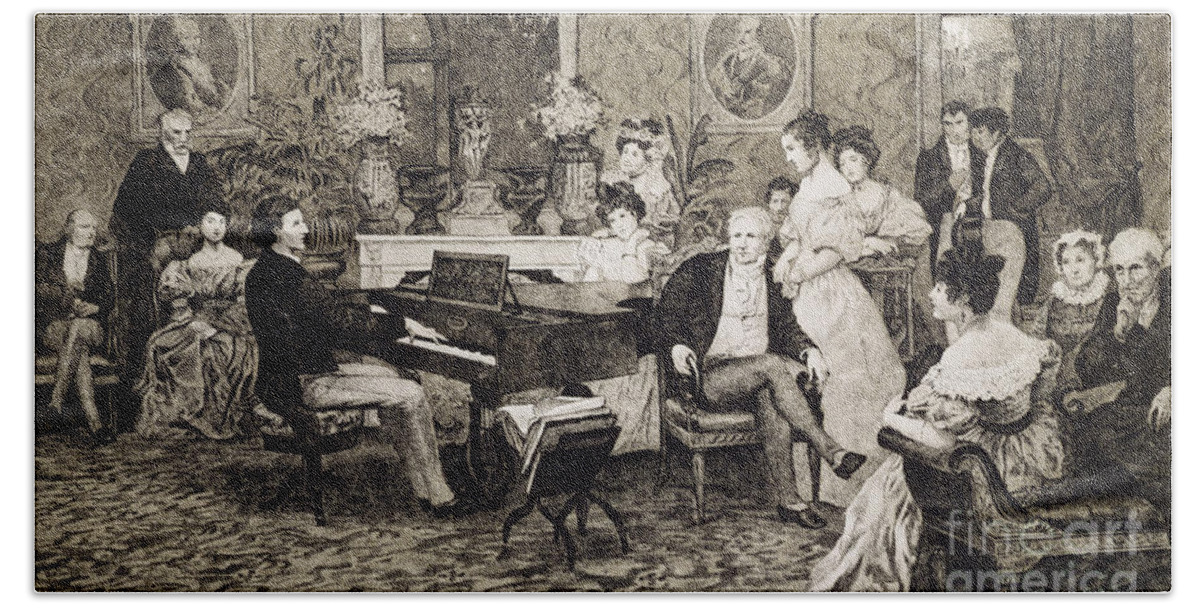 Piano Hand Towel featuring the drawing Frederic Chopin playing in the salon of the musician and composer Prince Anthony Radziwill by Hendrik Siemiradzki