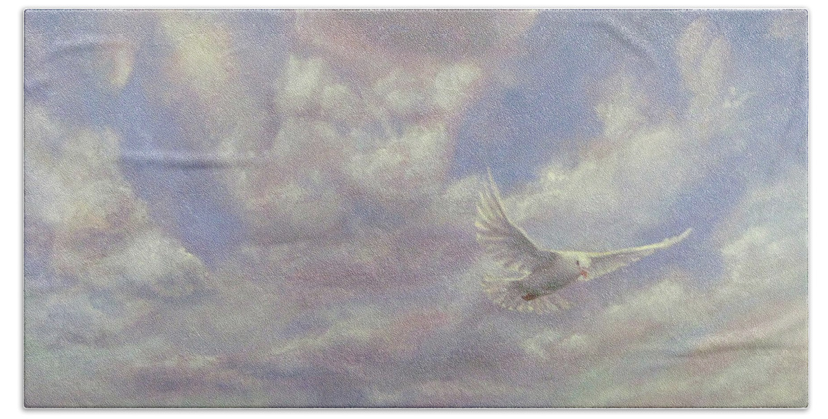 Sky Hand Towel featuring the painting Free Spirit - White Dove of Hope by Robie Benve