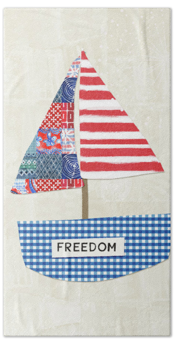 Red Hand Towel featuring the mixed media Freedom Boat- Art by Linda Woods by Linda Woods