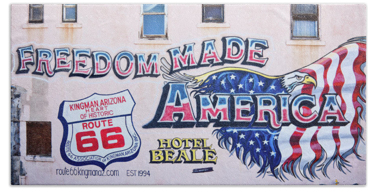 American Flag Bath Towel featuring the photograph Freedom Made America - mural art on route 66 by Tatiana Travelways