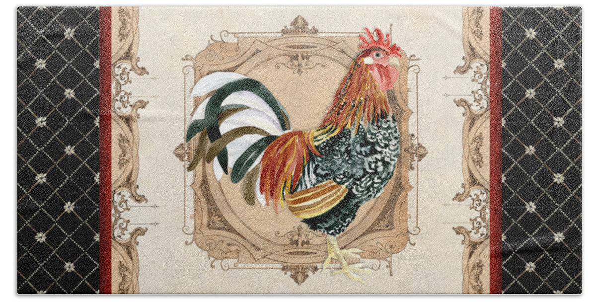 Etched Bath Towel featuring the painting French Country Roosters Quartet Black 1 by Audrey Jeanne Roberts
