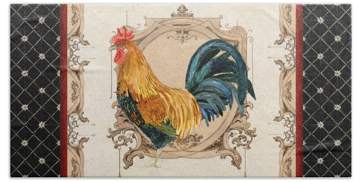 Etched Hand Towel featuring the painting French Country Roosters Quartet 4 by Audrey Jeanne Roberts