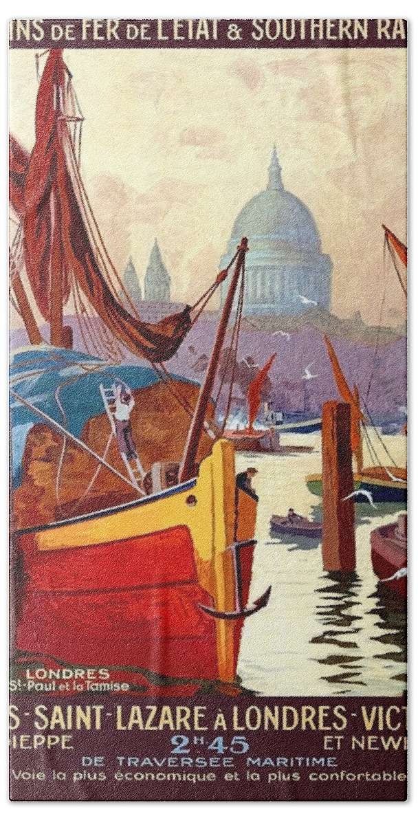French Riviera Hand Towel featuring the painting French riviera, fishing and sailing boats, port poster by Long Shot