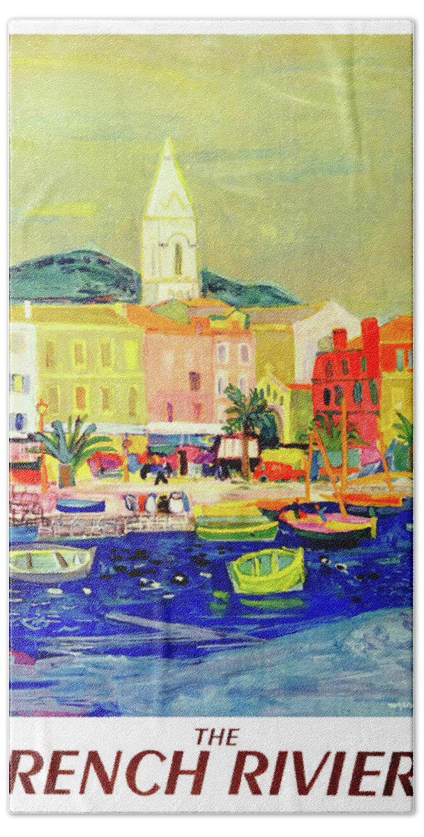 French Riviera Hand Towel featuring the painting French riviera, fishing boats by Long Shot