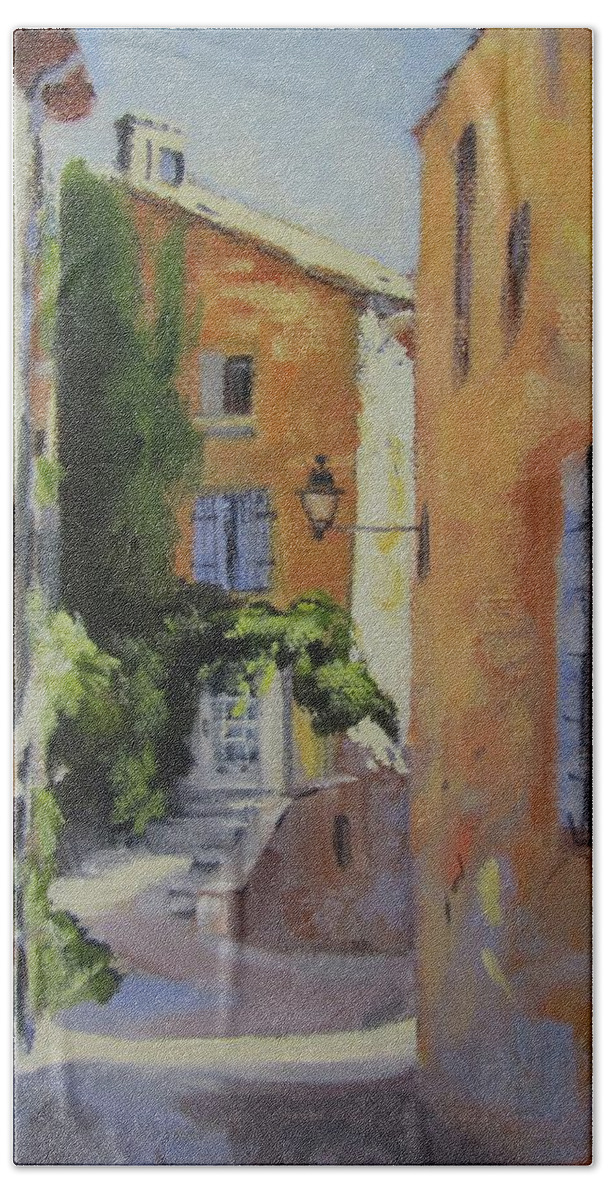 Hill Town Bath Towel featuring the painting French Street by Chris Hobel