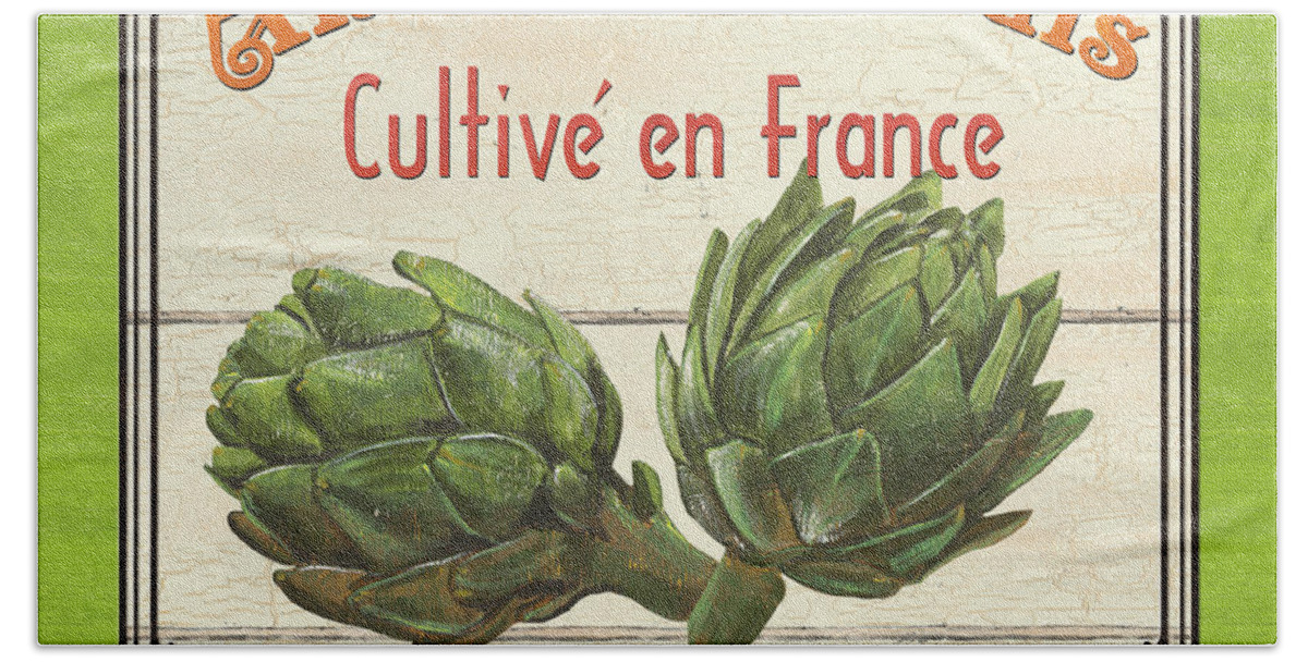 Artichokes Bath Towel featuring the painting French Vegetable Sign 2 by Debbie DeWitt