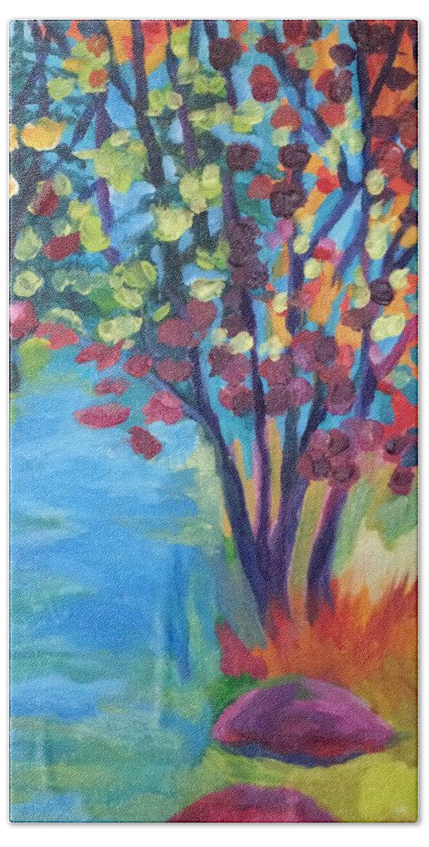Autumn Fall Landscape Acrylic Leaves Trees River Bath Towel featuring the painting Frenetic Falling Leaves by Judy Dimentberg
