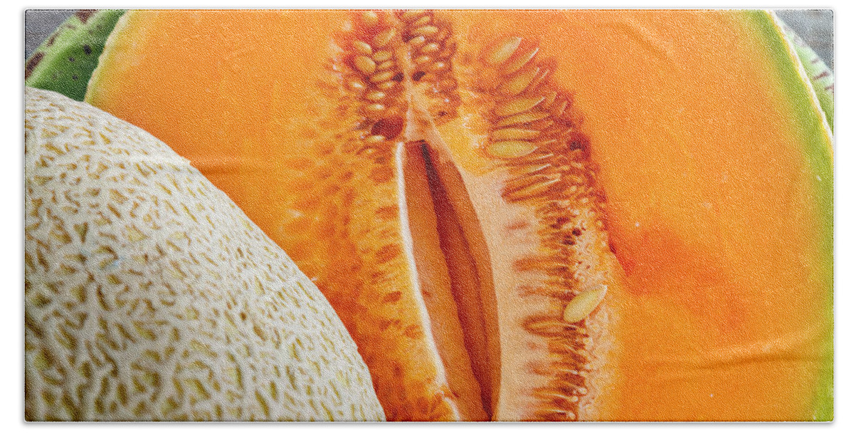 Cantaloupe Bath Towel featuring the photograph Fresh Cantaloupe Melon by Teri Virbickis
