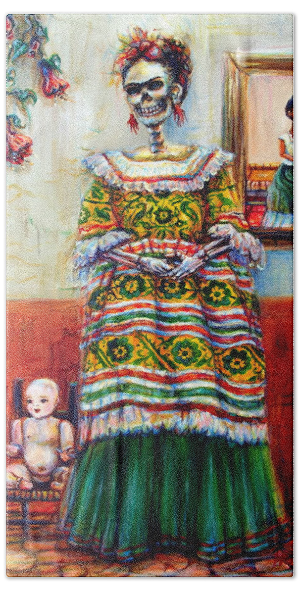 Frida Hand Towel featuring the painting Frida and her Doll by Heather Calderon