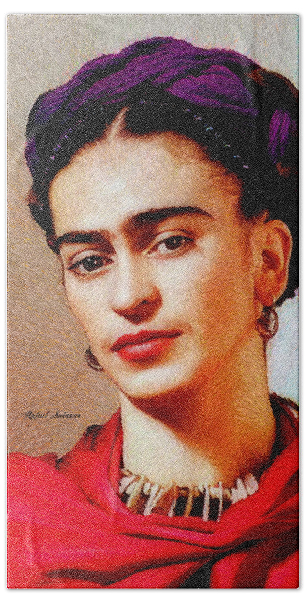 Rafael Salazar Bath Towel featuring the painting Frida in Red by Rafael Salazar