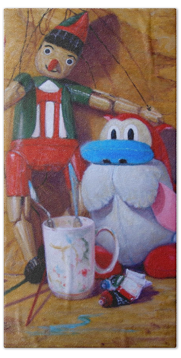 Realism Bath Towel featuring the painting Friends 2 - Pinocchio and Stimpy  by Donelli DiMaria