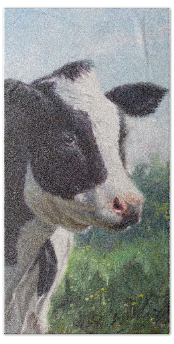 Cow Hand Towel featuring the painting Friesian Cow portrait by Martin Davey
