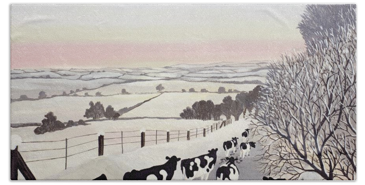 Fence Bath Sheet featuring the painting Friesians in Winter by Maggie Rowe