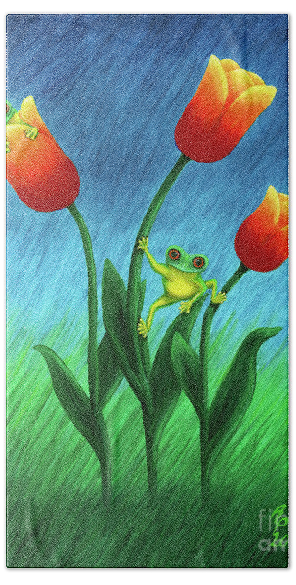 Frogs Hand Towel featuring the painting Froggy Tulips by Rebecca Parker
