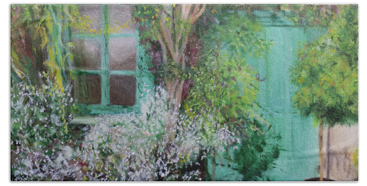 Door And Window By The Garden In Monet's House In Giverney Hand Towel featuring the painting Front Door by Kathy Knopp