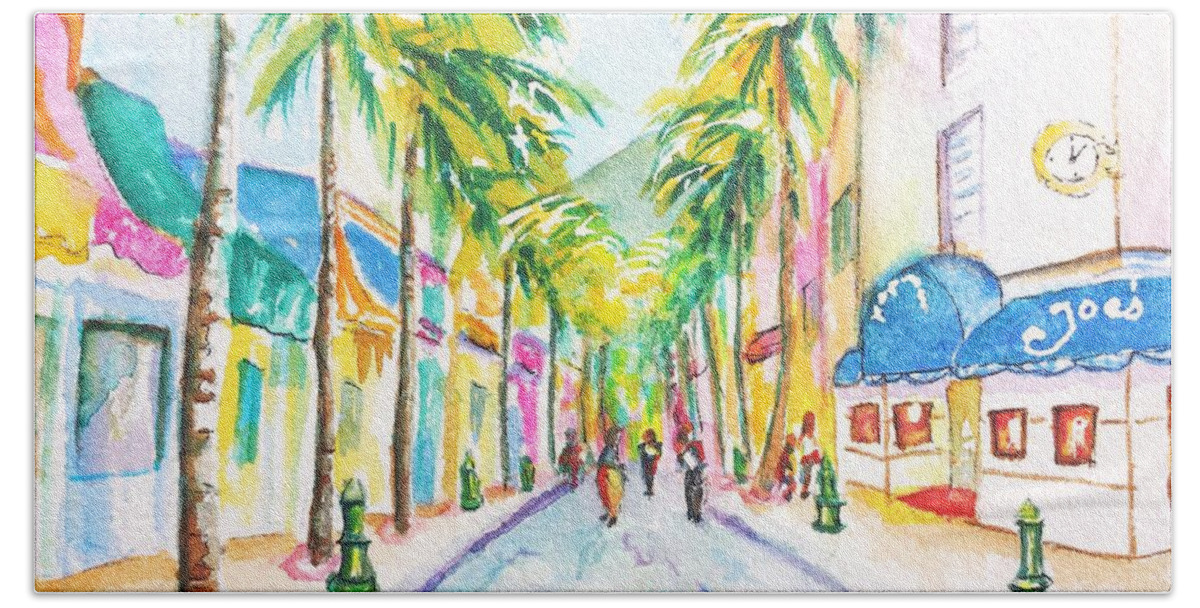 St. Martin Bath Towel featuring the painting Front Street Philipsburg St. Maarten by Carlin Blahnik CarlinArtWatercolor