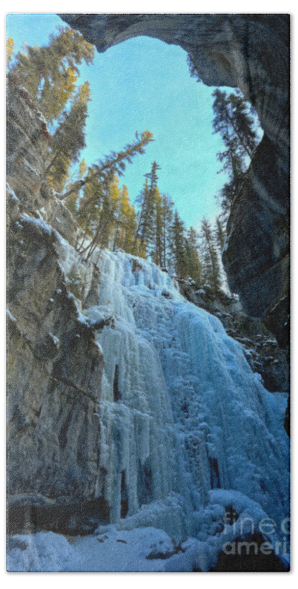 Maligne Canyon Hand Towel featuring the photograph Frozen Canyon Falls by Adam Jewell