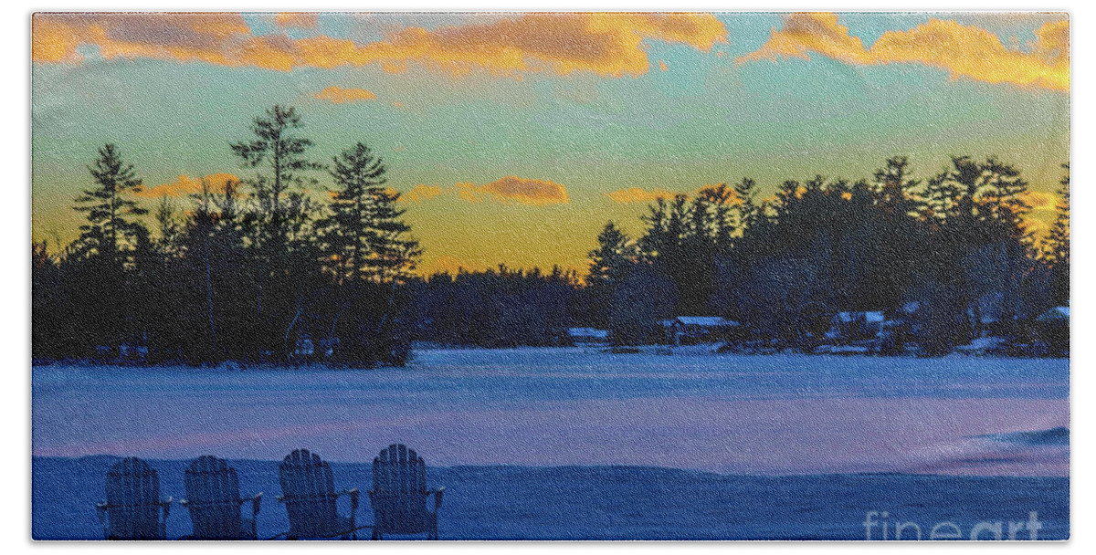 Winter Bath Towel featuring the photograph Frozen sunset by Claudia M Photography