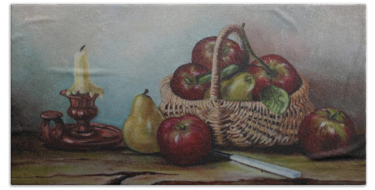 Fruit Basket Bath Towel featuring the painting Fruit Basket - LMJ by Ruth Kamenev