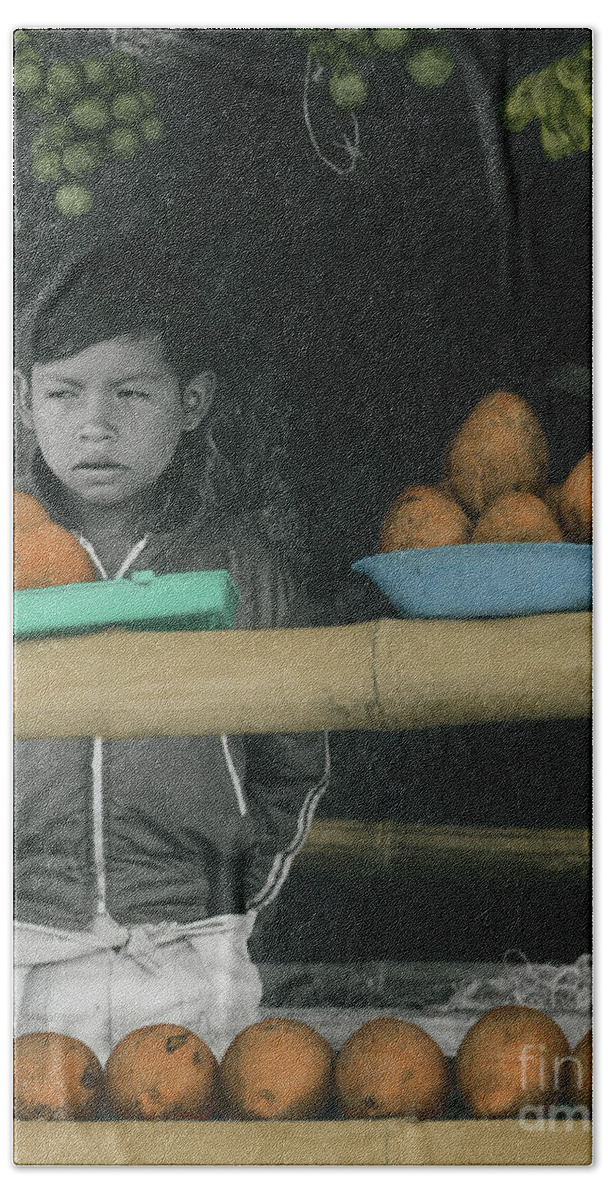 Boy Bath Towel featuring the photograph Fruit Vendor-Signed-#061 by J L Woody Wooden