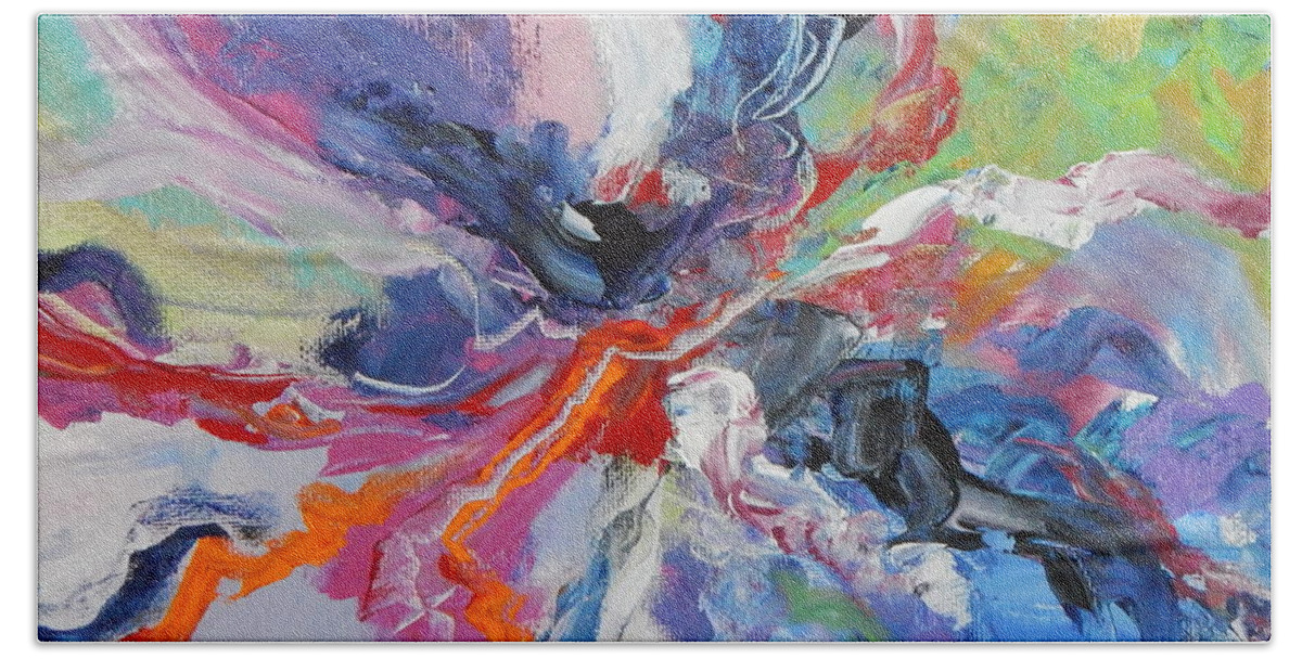  A Fulll Blooming Flower Abstrated .blue Dominates White Highlights Black Accents With Red Bath Towel featuring the painting Bloom by Priscilla Batzell Expressionist Art Studio Gallery