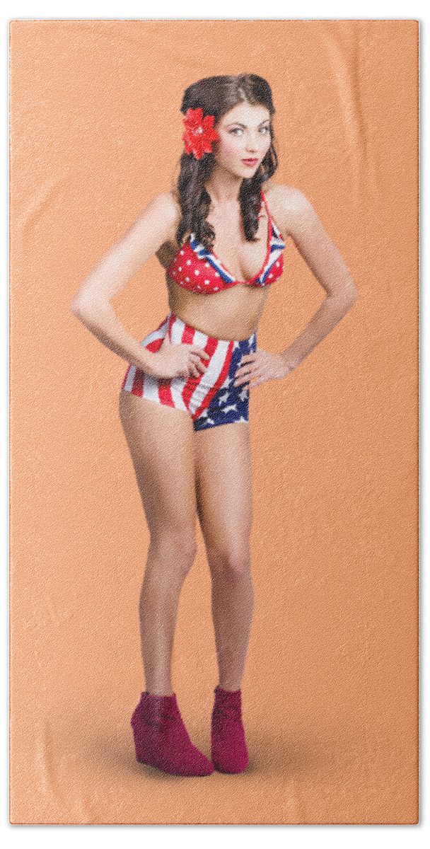 Pinup Bath Towel featuring the photograph Full body pin-up girl. American retro style by Jorgo Photography