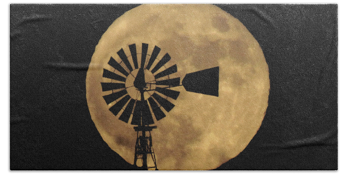 Moon Bath Towel featuring the photograph Full Moon Behind Windmill by Dawn Key