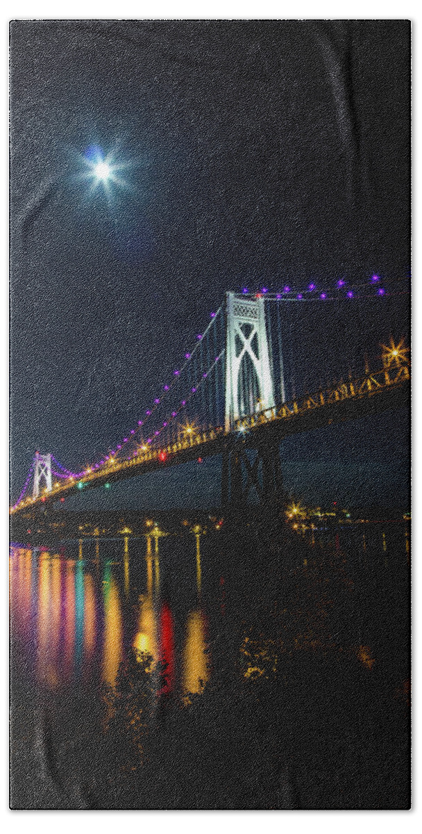 Hudson Valley Bath Towel featuring the photograph Full Moon Over The Mid - Hudson Bridge by John Morzen