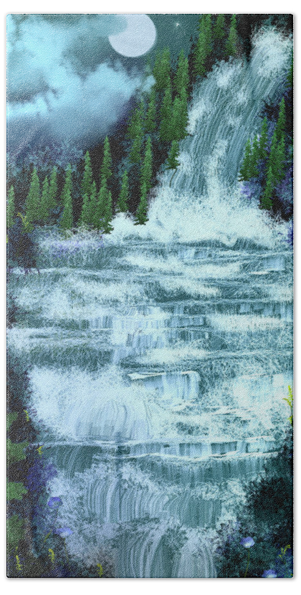 Digital Art Bath Towel featuring the digital art Full Moon over the Waterfall by Artful Oasis