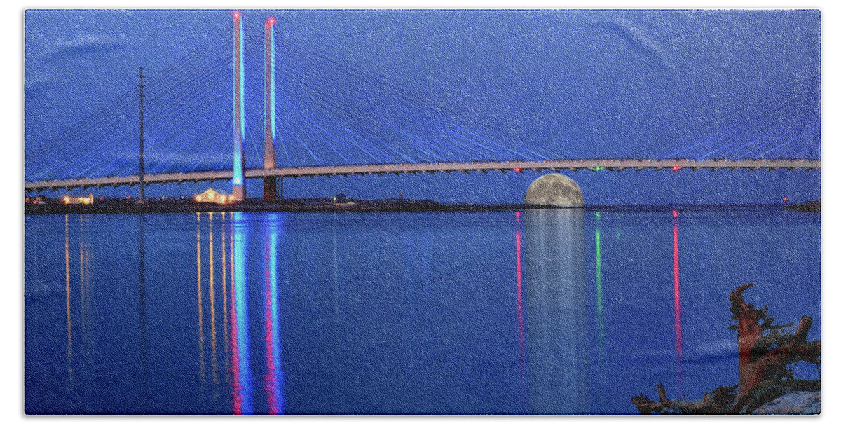 Atlantic Bath Towel featuring the photograph Full Moon Rising Under the Indian River Bridge by Bill Swartwout