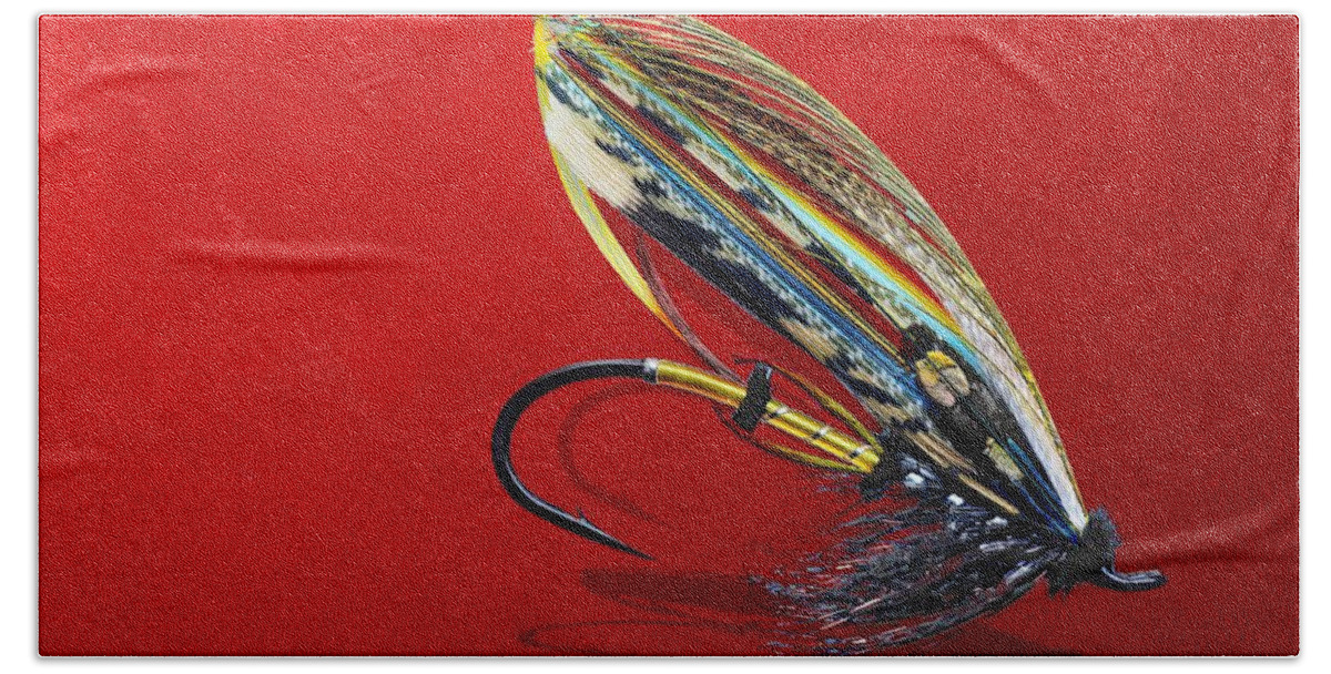 Fishing Corner Collection By Serge Averbukh Bath Towel featuring the photograph Fully Dressed Salmon Fly on Red by Serge Averbukh