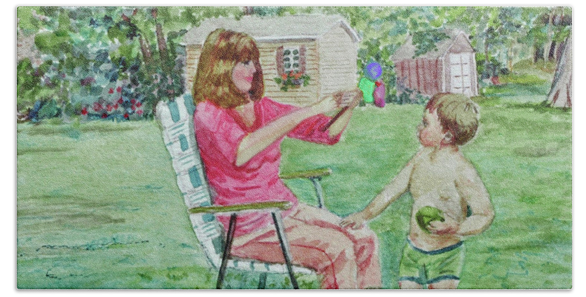 Summer Bath Towel featuring the painting Fun with Grandma by Jeannie Allerton