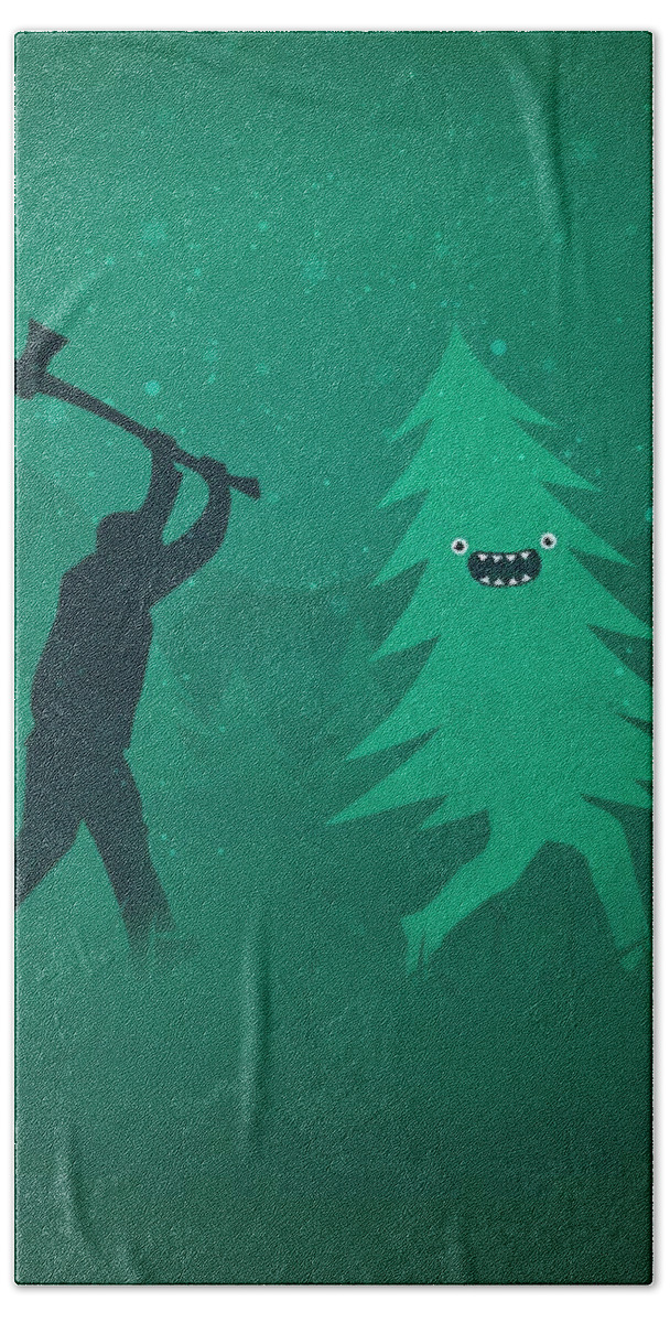 Cute Hand Towel featuring the digital art Funny Cartoon Christmas tree is chased by Lumberjack Run Forrest Run by Philipp Rietz