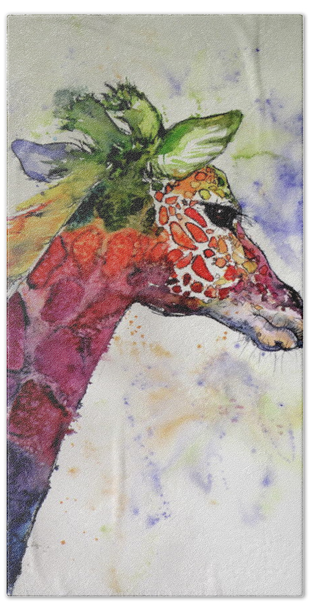 Giraffe Hand Towel featuring the painting Funny giraffe by Kovacs Anna Brigitta