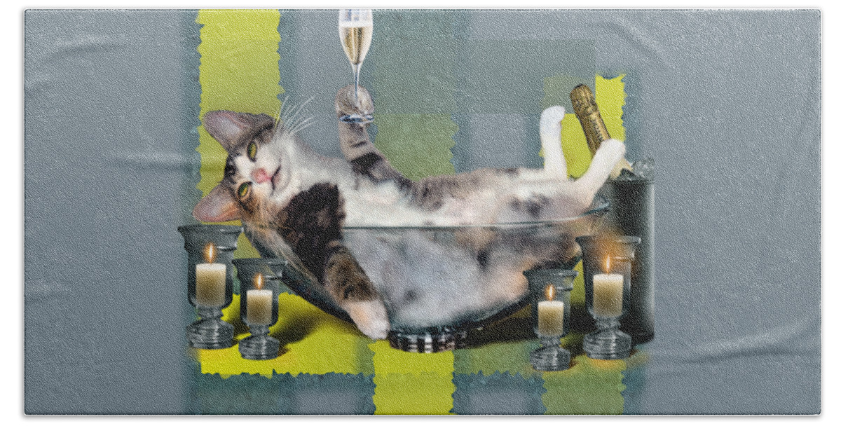Funny Pet Print Bath Sheet featuring the painting Funny pet print with a tipsy kitty by Regina Femrite