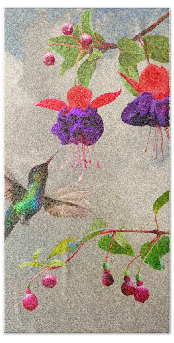 Hummingbird Hand Towel featuring the digital art Fuchsia and Hummingbird by M Spadecaller