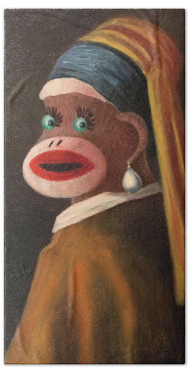 Sock Monkey Bath Towel featuring the painting Gal With A Pearl Earring by Rand Burns