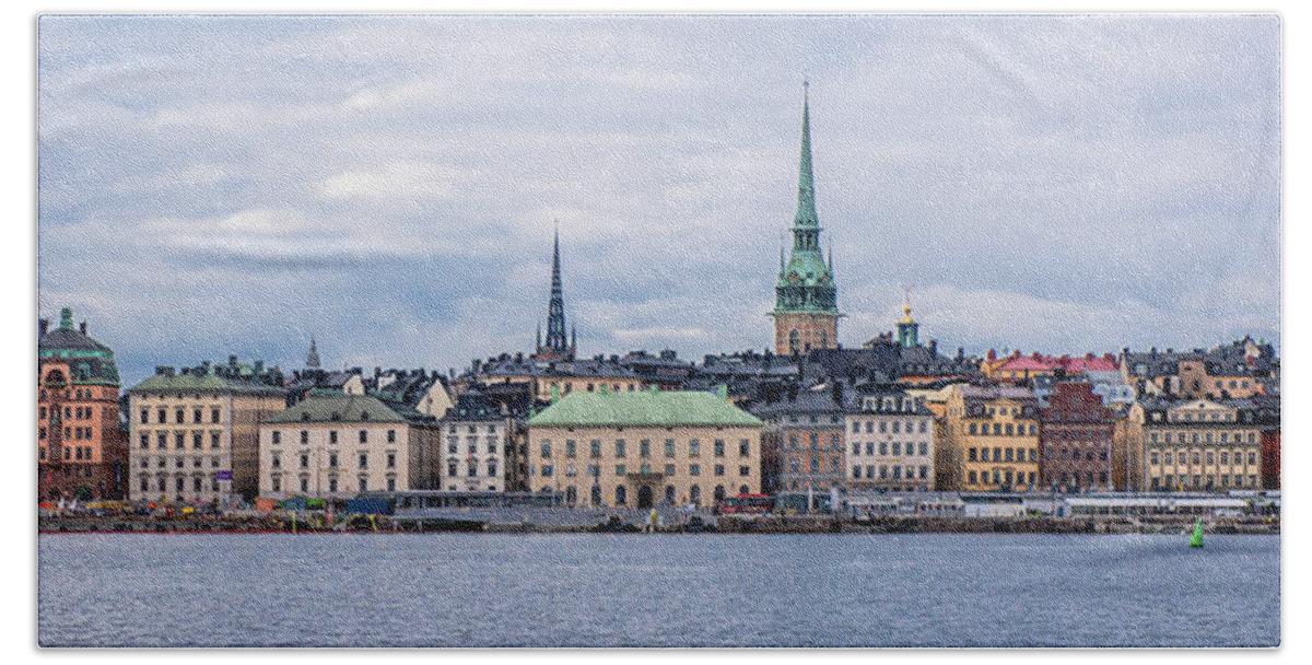 Gamla Stan Stockholm's Entrance By The Sea Bath Towel featuring the photograph Gamla Stan Stockholm's entrance by the sea by Torbjorn Swenelius