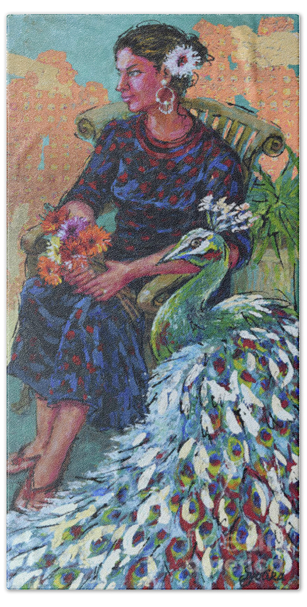 Woman Sitting In Garden Bath Towel featuring the painting Garden Bliss by Jyotika Shroff