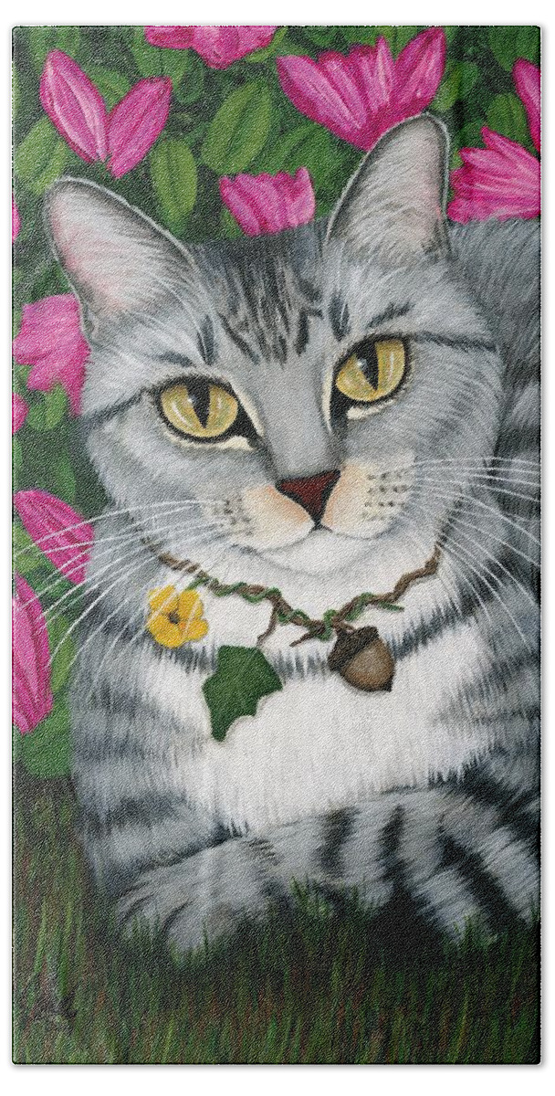 Silver Tabby Cat Bath Towel featuring the painting Garden Cat - Silver Tabby Cat Azaleas by Carrie Hawks