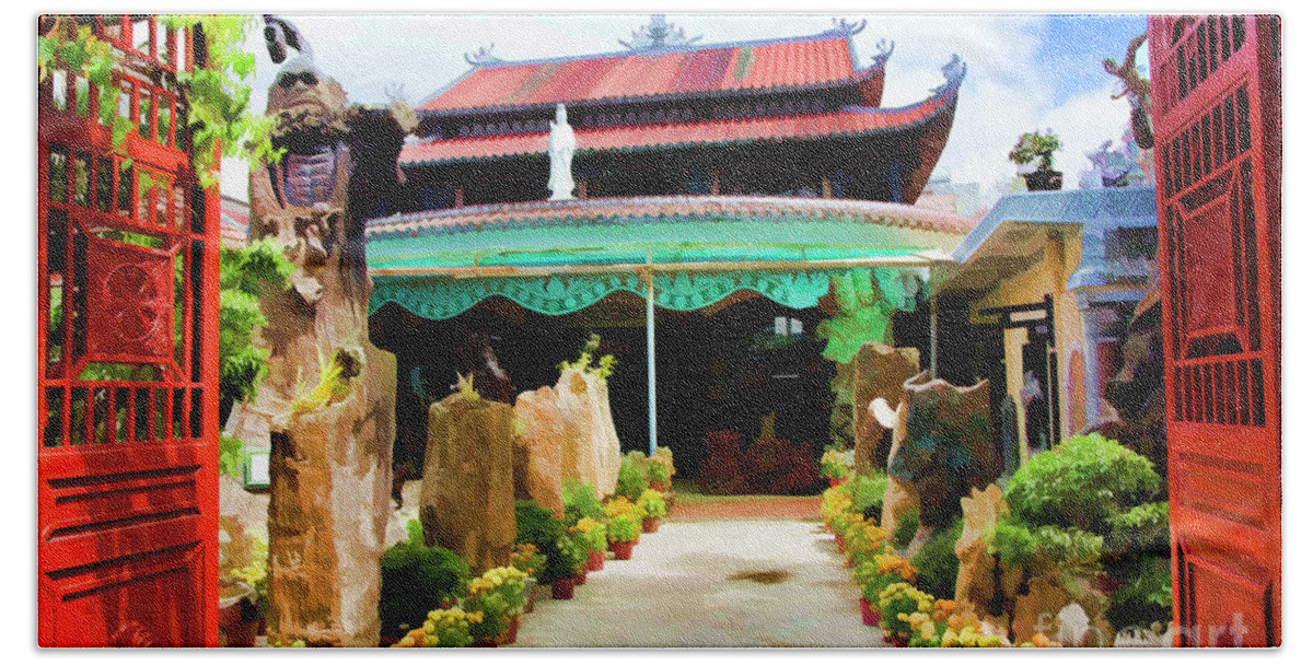 Glass Mosaic Bath Towel featuring the photograph Garden Entrance Pagoda Vietnam by Chuck Kuhn