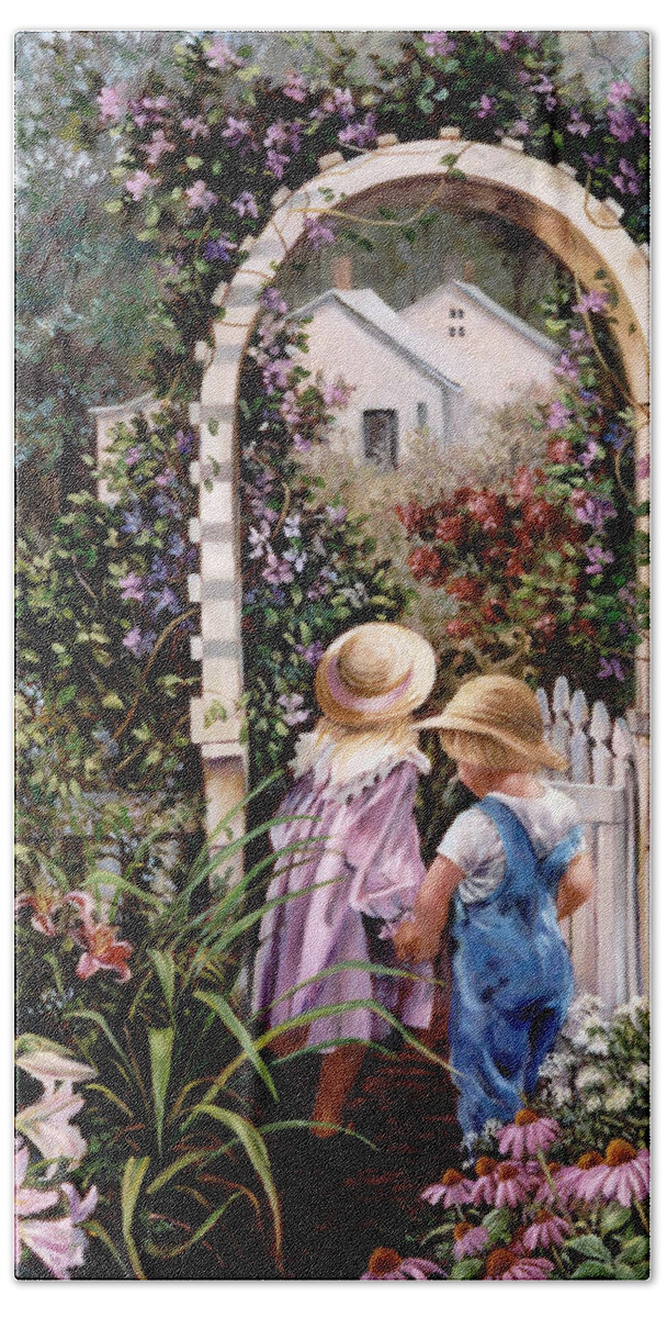 In The Garden Bath Towel featuring the painting Garden Gate by Marie Witte