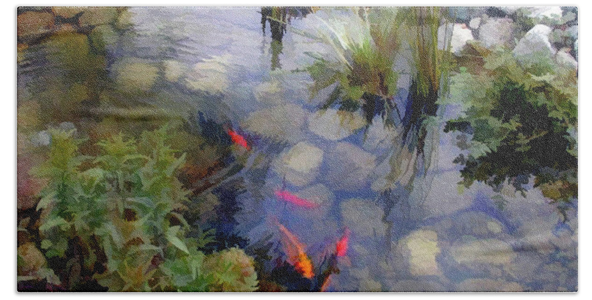Nature Bath Sheet featuring the painting Garden Koi Pond by Elaine Plesser