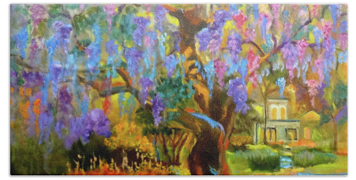 Garden Scene Bath Towel featuring the painting Garden Pathway by Jenny Lee