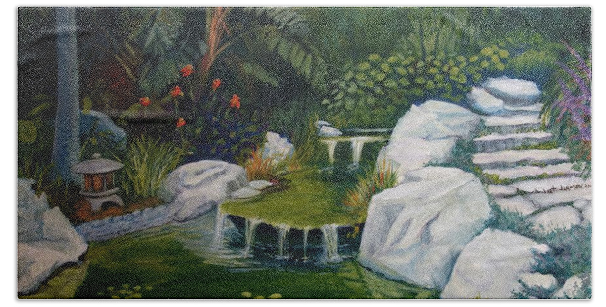 Garden Bath Towel featuring the painting Garden Retreat by Jeanette Jarmon
