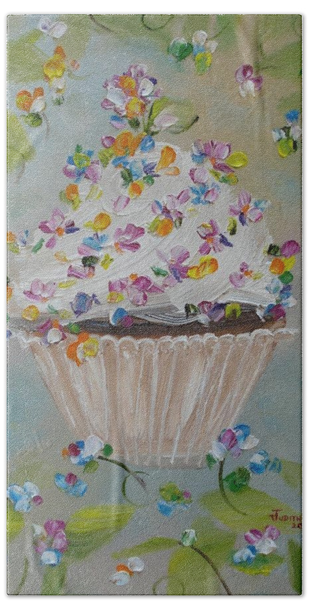 Cupcake Hand Towel featuring the painting Garden Variety Cupcake by Judith Rhue