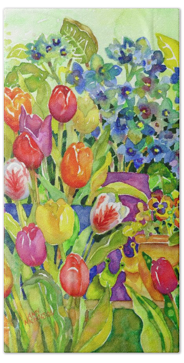 Bright Flowers Bath Towel featuring the painting Garden Visitors by Ann Nicholson
