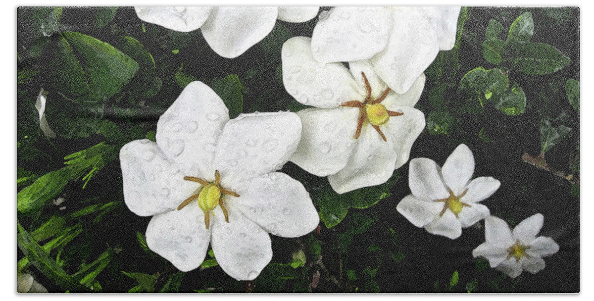 Gardenia Blossoms Bath Towel featuring the digital art Gardenias in the Rain by Gina Harrison